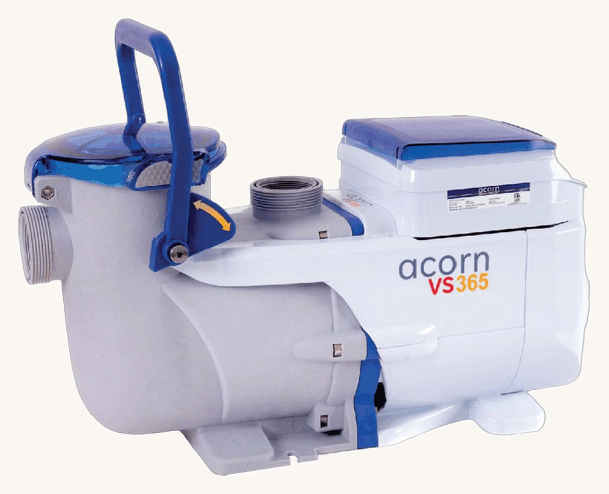 The redesigned variable-speed pool pump — white body, blue quick-cam lid, integrated handle and shroud